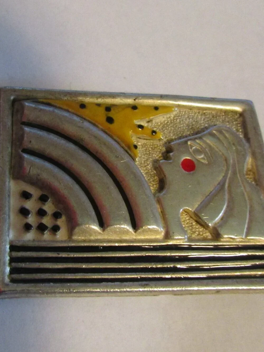 Signed AJC Art Deco Large Silver Toned & Enamel Pin 2